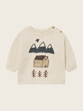 將圖片載入圖庫檢視器 Beige sweater with mountain and cabin design on a white background