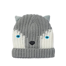 將圖片載入圖庫檢視器 Gray knit hat with wolf face design on a white background