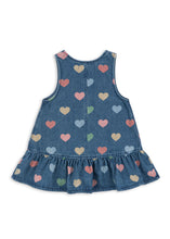 將圖片載入圖庫檢視器 Denim dress with colorful heart pattern on a white background