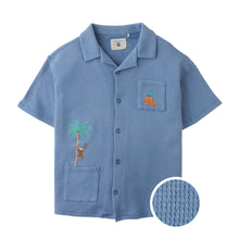 將圖片載入圖庫檢視器 Gingersnaps Tommy waffle knit button-down shirt with playful monkey embroidery, featuring long sleeves and a classic collar.