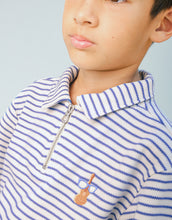 將圖片載入圖庫檢視器 Gingersnaps Bruno zigzag stripe twill jersey polo shirt with guitar embroidery, front view showing detailed design and vibrant colors.
