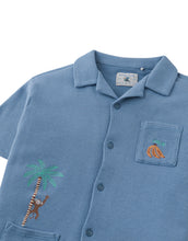 將圖片載入圖庫檢視器 Gingersnaps Tommy waffle knit button-down shirt with playful monkey embroidery, featuring a cozy textured fabric and classic collar.