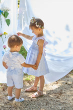 Load image into Gallery viewer, Kidiwi Mélina smocked dress in sky blue small gingham fabric, featuring a gathered bodice and short sleeves.