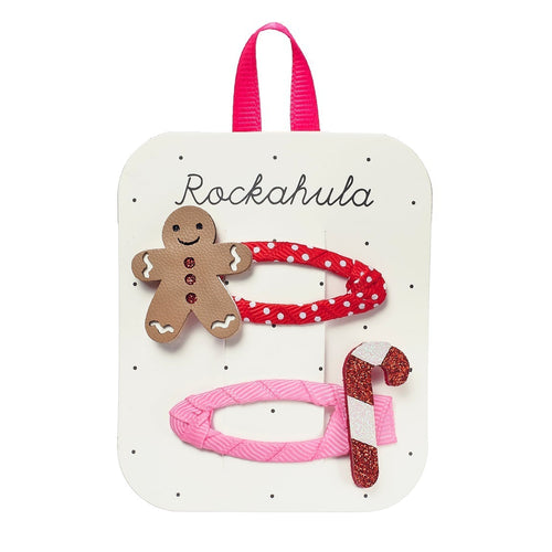 Set of hair accessories on a Rockahula branded card with a gingerbread man design.