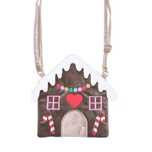 Load image into Gallery viewer, Gingerbread house-shaped bag with candy cane details on a white background
