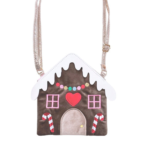 Gingerbread house-shaped bag with candy cane details on a white background