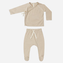 Load image into Gallery viewer, Wrap Top + Footed Pant Set || Latte Micro Stripe