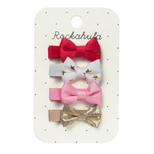 Load image into Gallery viewer, Set of colorful bow hair clips on a Rockahula branded card.