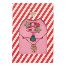 Load image into Gallery viewer, Set of Christmas-themed hair accessories including a headband, necklace, and earrings on a red and white striped background.