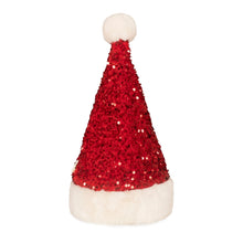Load image into Gallery viewer, Red sequined Santa hat with white base on a white background