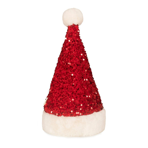 Red sequined Santa hat with white base on a white background