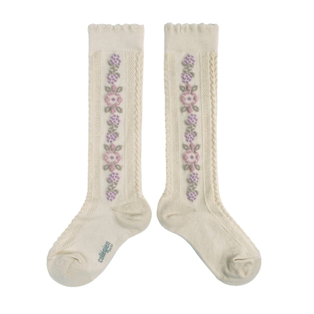 Dalia-Jacquard Flower Knee-high Socks - Doux Agneaux