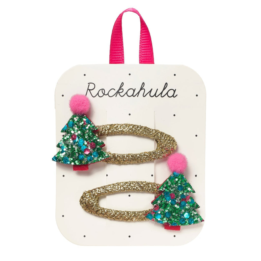 Two decorative hair clips with tree designs on a Rockahula branded card.