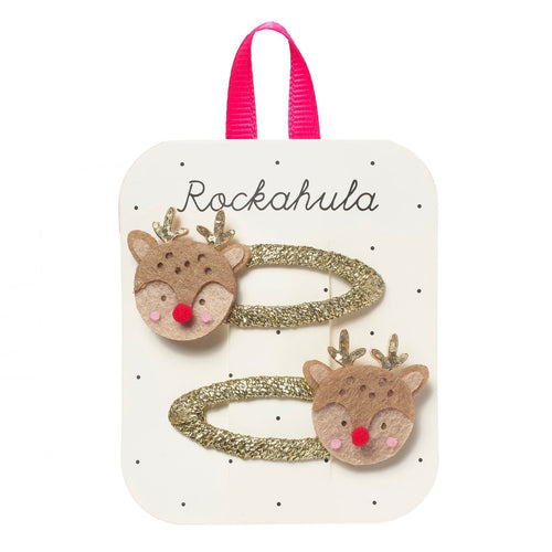 Set of deer-shaped hair clips on a Rockahula branded card with a pink ribbon.