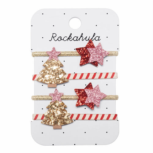 Set of Christmas-themed hair accessories on a Rockahula branded card.
