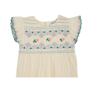 Ecru hand-smocked embroidered romper