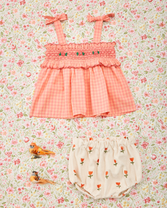 Peony gingham scalloped smocked strapless top
