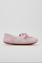 Load image into Gallery viewer, A single light pink slip-on shoe with a decorative pink bow on the front and a brown sole, photographed against a plain light gray background.