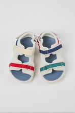Load image into Gallery viewer, Pair of children's sandals with colorful straps on a light gray background