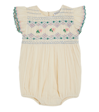 Load image into Gallery viewer, Ecru hand-smocked embroidered romper