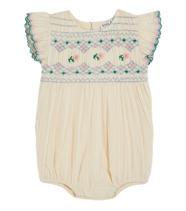 Ecru hand-smocked embroidered romper