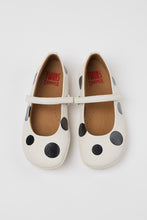 Load image into Gallery viewer, White polka dot shoes with brown soles on a white background