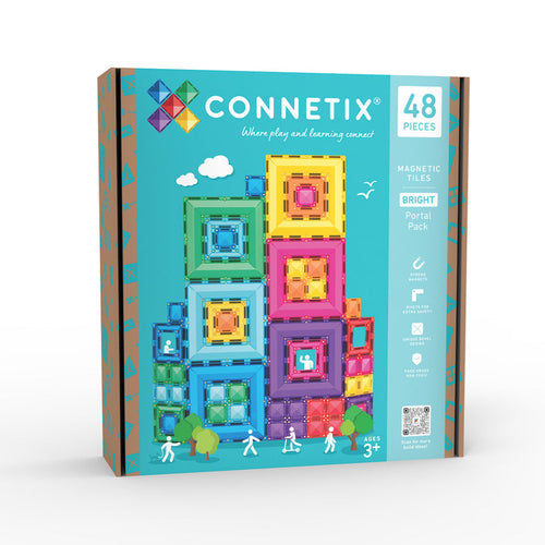 Connetix toy packaging with colorful building blocks on a white background