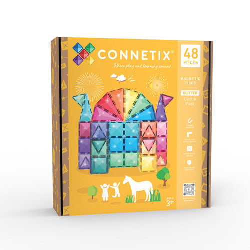 Connetix toy packaging with colorful geometric shapes on a yellow background