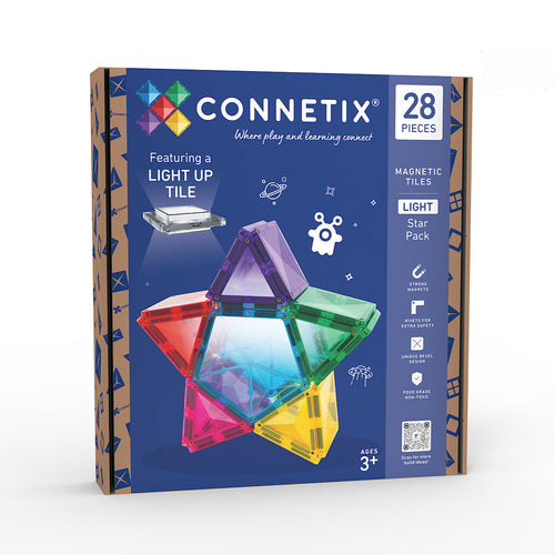 Connetix magnetic tiles packaging with colorful tiles on a white background