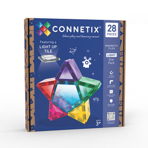 Connetix magnetic tiles packaging with colorful tiles on a white background