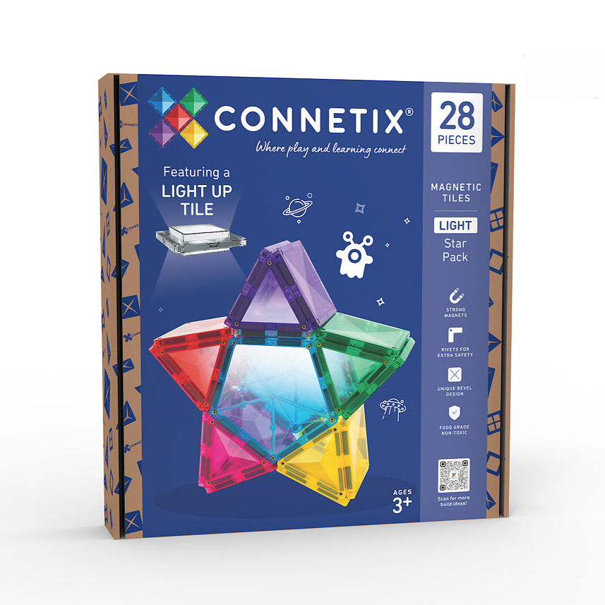 Connetix magnetic tiles packaging with colorful tiles on a white background