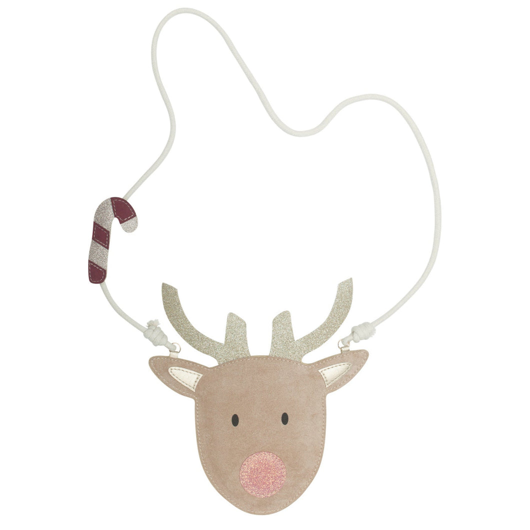 Reindeer-shaped lanyard with a candy cane on a white background