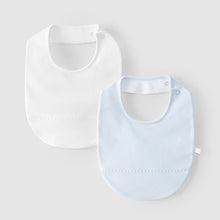 Load image into Gallery viewer, Laranjinha pack of two plain baby bibs in classic blue, soft fabric with adjustable neck straps for comfortable wear.