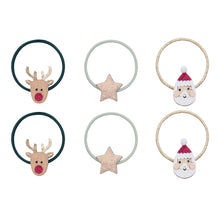 Load image into Gallery viewer, Set of Christmas-themed hair ties with reindeer, star, and Santa Claus designs on a white background.