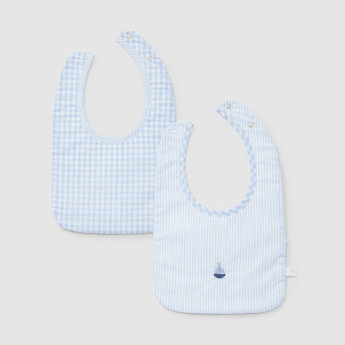 Pack of two printed bibs with embroidery detail - White/Blue