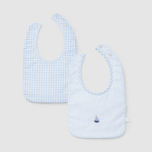 Pack of two printed bibs with embroidery detail - White/Blue