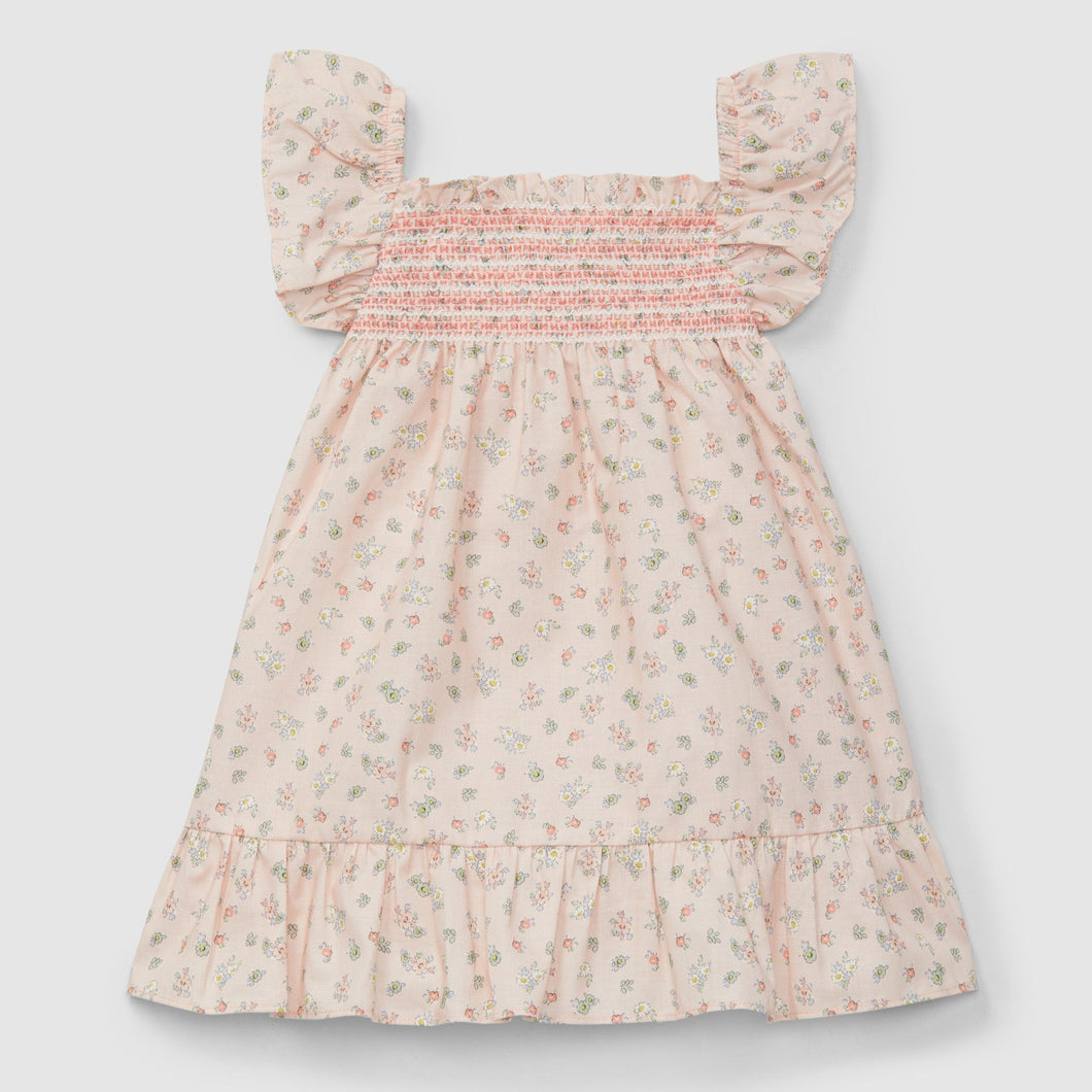 Floral print dress with smocking