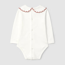 Load image into Gallery viewer, White onesie with red scalloped collar on a light gray background