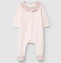 Load image into Gallery viewer, Pink baby onesie with floral details on a light gray background