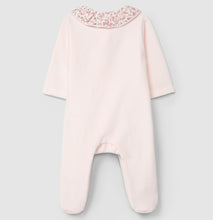 Load image into Gallery viewer, Pink baby onesie with floral embroidery on a light gray background