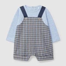Load image into Gallery viewer, Baby outfit with blue long-sleeve shirt and checkered overalls on a light gray background
