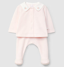Load image into Gallery viewer, Pink baby outfit with jacket and pants on a light gray background