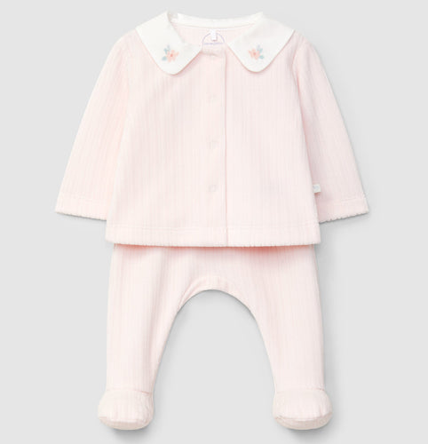 Pink baby outfit with jacket and pants on a light gray background