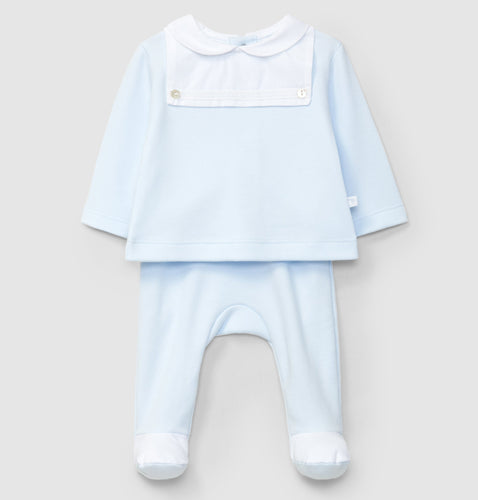 Light blue baby outfit with a shirt and pants on a light gray background