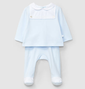Light blue baby outfit with a shirt and pants on a light gray background