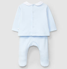 Load image into Gallery viewer, Baby outfit with light blue shirt and white pants on a beige background