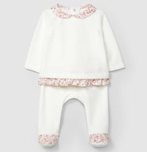 Load image into Gallery viewer, White baby outfit with pink floral details on a light gray background