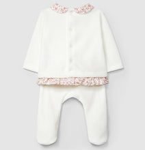 Load image into Gallery viewer, White baby outfit with floral details on a light gray background
