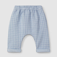 Load image into Gallery viewer, Blue checkered baby pants on a light gray background