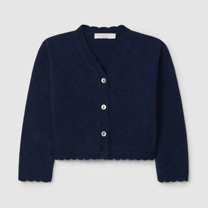 Navy blue cardigan on a light gray background